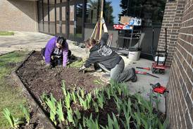 Staff, students work together to spruce-up area in front of Oregon school