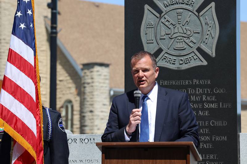 Kankakee County State's Attorney Jim Rowe speaks during the Kankakee County Law Enforcement Memorial on Thursday, May 14, 2026, at the Kankakee County Courthouse.