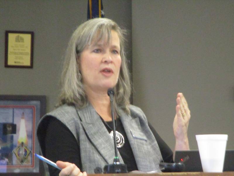 Robin Steans, president of Advance Illinois, makes a point during a presentation in Joliet on the group's study on "The State of our Educator Pipeline 2023." Nov. 30, 2023.