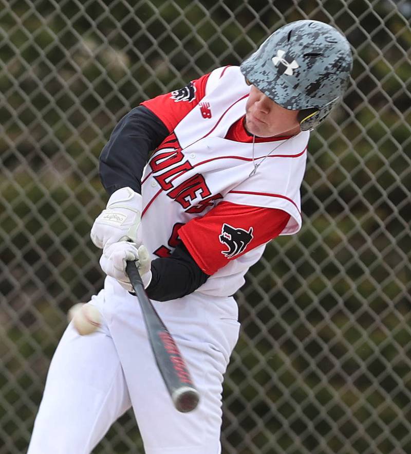 Indian Creek's Luke Deutsch hits a single during their game against Hinckley-Big Rock Monday, May 1, 2023, at Indian Creek High School in Shabbona.