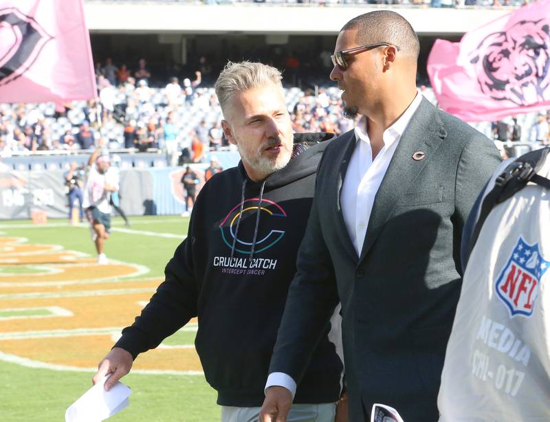 Chicago Bears head coach Matt Eberflus and general Manager Ryan Poles walk off the field together on Sunday, Oct. 6, 2024 at Soldier Field in Chicago.