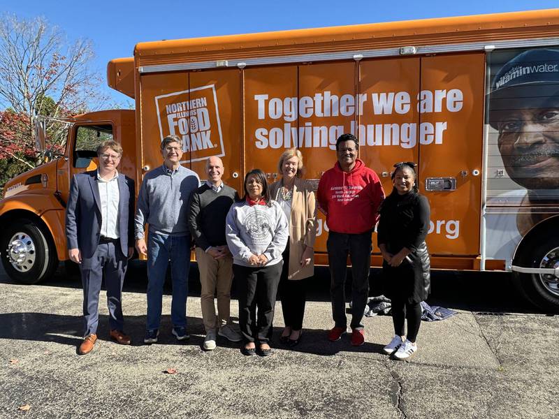 Robert Desio (from left), manager of Public Policy and Benefits at Northern Illinois Food Bank; Congressman Brad Schneider; state Rep. Bob Morgan, state Rep. Rita Mayfield; state Sen.  Julie Morrison; and representative from Senator Johnson’s office.