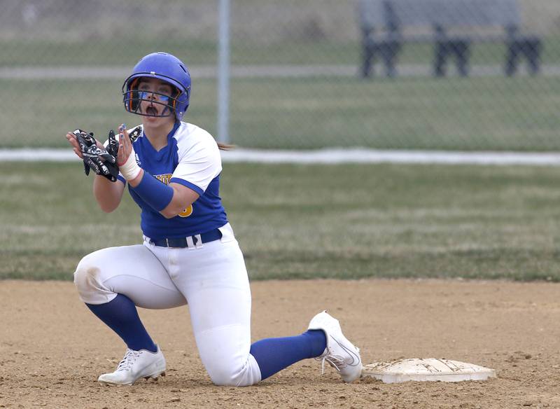 Johnsburg’s Brooke Klosowicz yells for a teammate to hit her in from second base  during a Kishwaukee River Conference softball game Tuesday, April 12, 2022, between Marengo and Johnsburg at Hiller Park in Johnsburg.