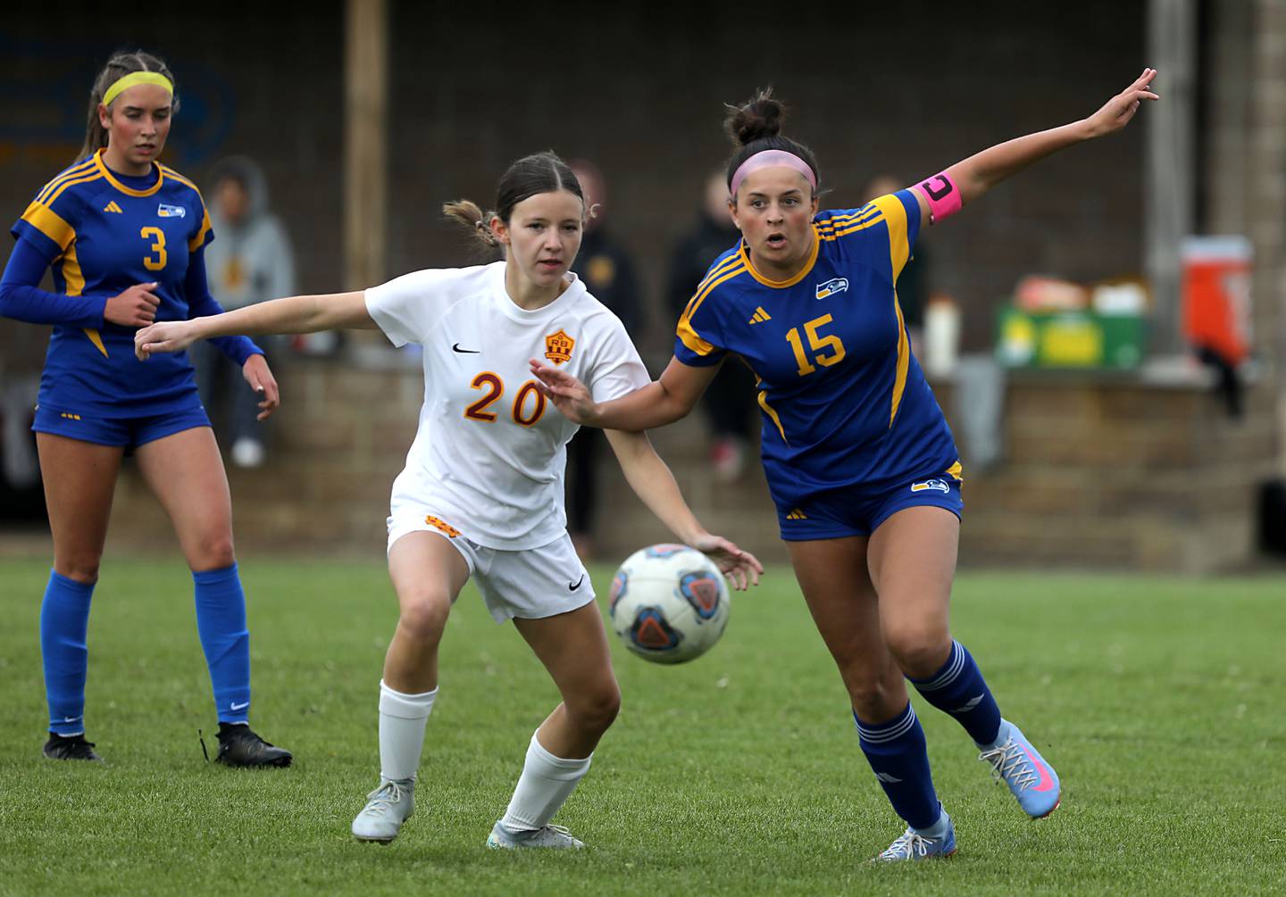 Richmond-Burton's Ella Seyller and Johnsburg's Lauren McQuiston tries to chase down the ball during the Kishwaukee River Conference Girls Soccer Tournament Championship match on Wednesday, May 6, 2026, at Johnsburg High School.