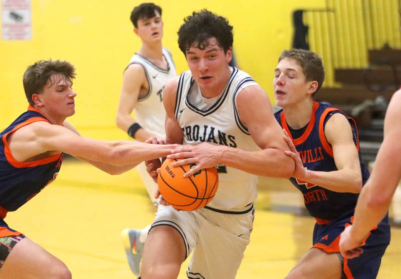 Cary-Grove’s Adam Bauer heads for the hoop against Naperville North in varsity boys basketball Hinkle Holiday Classic action on Monday, Dec. 21, 2025, at Jacobs High School in Algonquin.