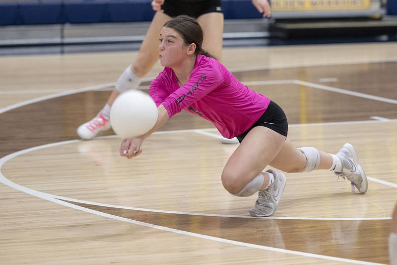 St. Francis’ Liv Basel digs a ball Friday, Nov. 4, 2022 during the Spartan’s 3A supersectional game against Metamora.