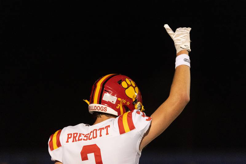 Batavia's Thomas Prescott celebrates after scoring a touchdown against St. Charles North on Friday, Sept. 26, 2025 in St. Charles.