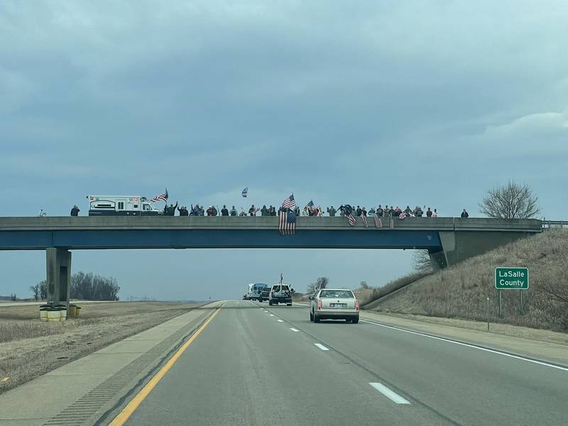 The American Freedom Convoy were greeted at the La Salle County line Saturday, March 5, 2022, near Mendota.