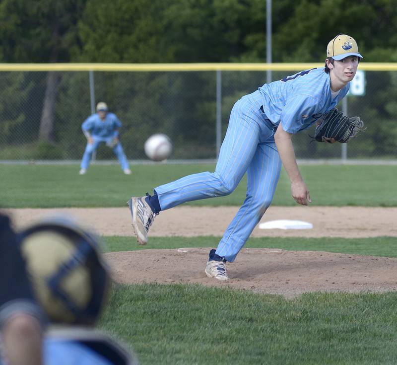 Marquette pitcher Alec Novotney fires a pitch against Seneca Tuesday at Marquette.