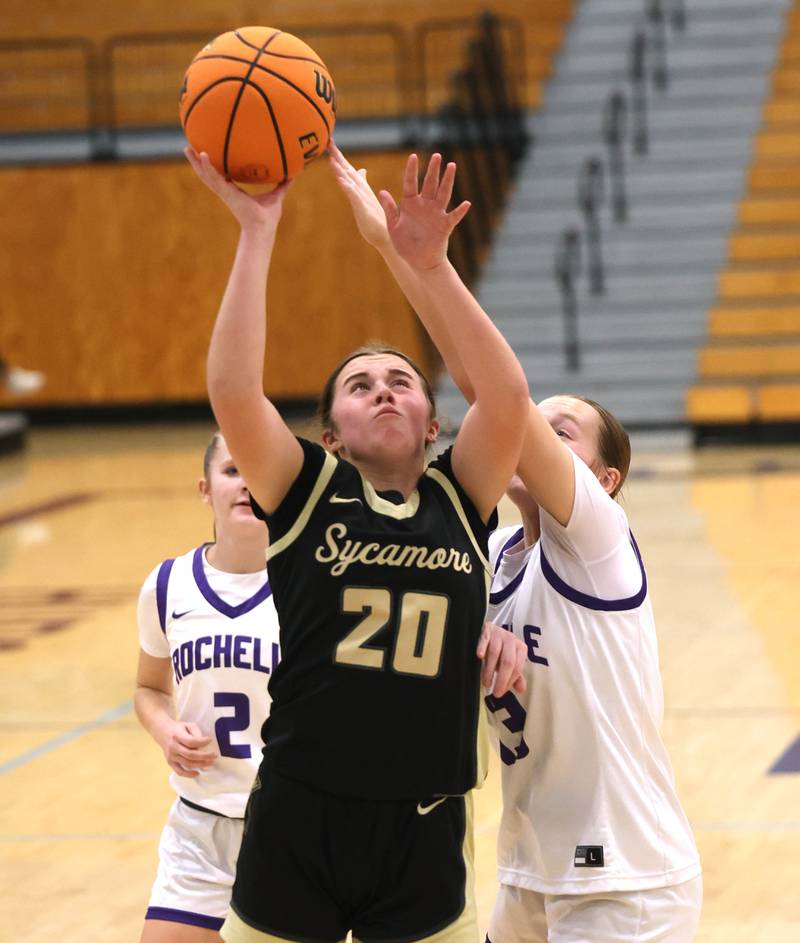 Sycamore's Callie Countryman gets up a shot against Rochelle Friday, Dec. 5, 2025, during their game at Rochelle High School.