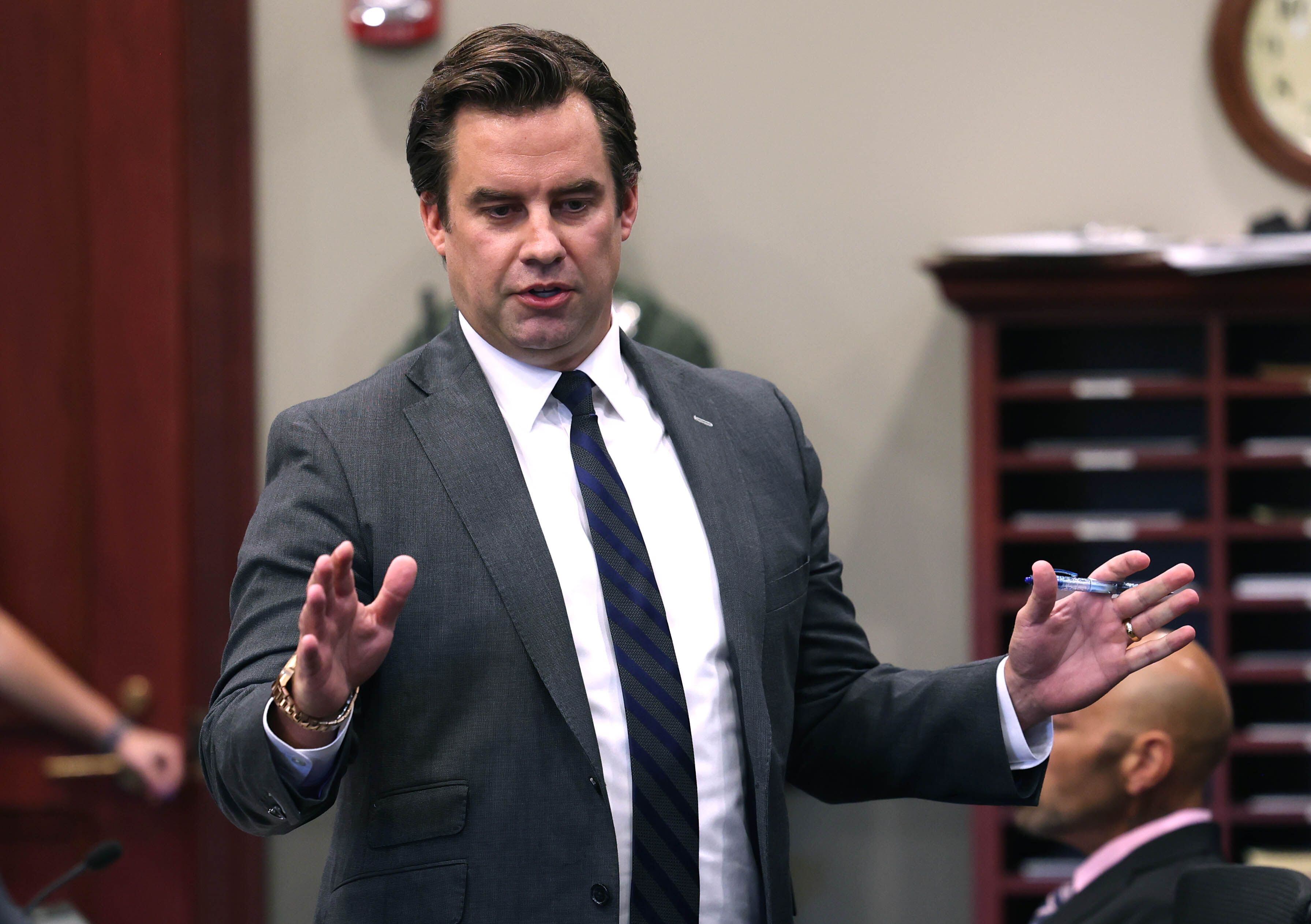 John Kopp, attorney for Nathan P. Sweeney gives his condolences to the family and friends of Christina Musil Tuesday, Aug. 26, 2025, during the sentencing hearing for his client at the DeKalb County Courthouse in Sycamore. Sweeney received 14 years in prison for driving under the influence and causing the 2024 crash that killed sheriff’s deputy, veteran and mother Christina Musil.