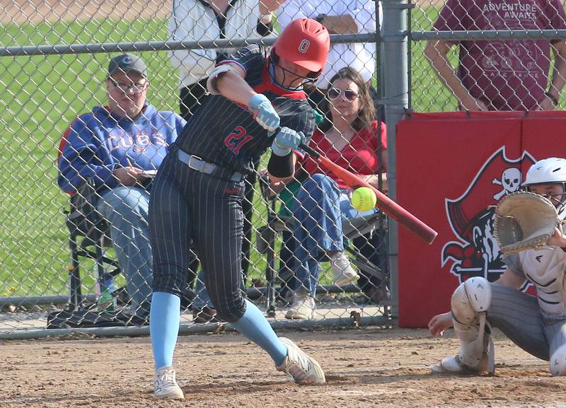 Ottawa's Piper Lewis gets a base hit against L-P on Tuesday, April 14, 2026 at Ottawa High School.