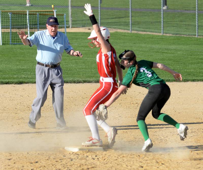 Oregon's Abree Barker reaches second safely as Rock Falls' Jeslyn Krueger applies the tag during a Monday, April 15, 2024 game at Oregon Park West.