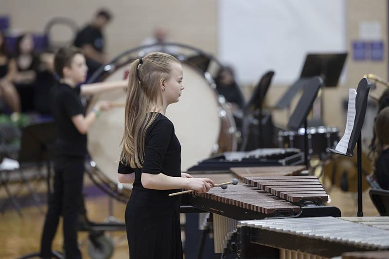 Madison School sixth grade percussionists perform “Mechanical Monsters” on Friday, Feb. 13, 2026, during the fourth annual Dixon Schools’ Band Festival.