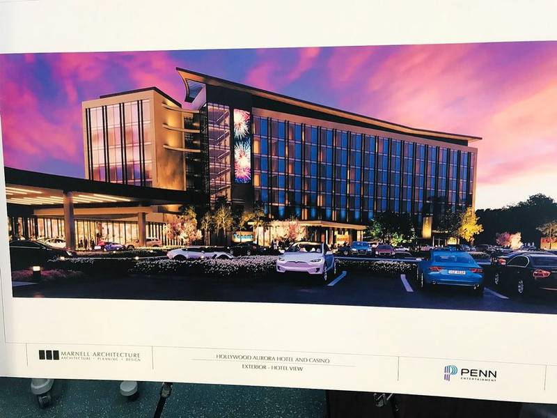 An artist's rendering of what the hotel at the proposed new Hollywood Casino in Aurora could look like was displayed at an open house Thursday night.