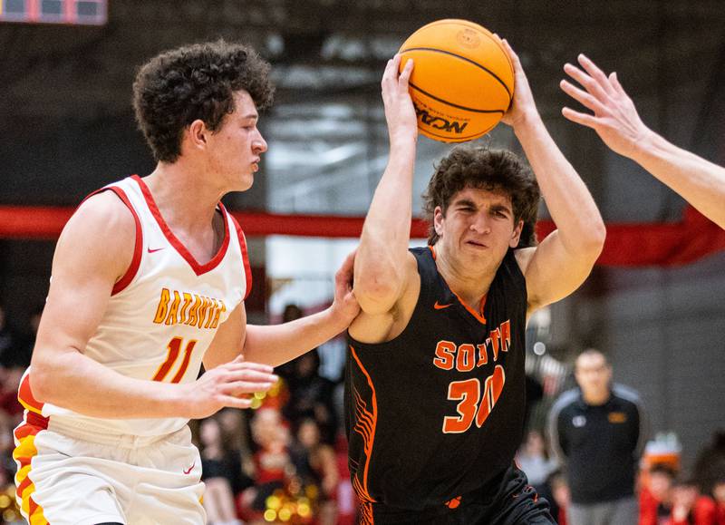 Wheaton Warrenville South’s Luca Carbonaro drives the lane during an away game against Batavia on Tuesday, Jan. 7, 2025.