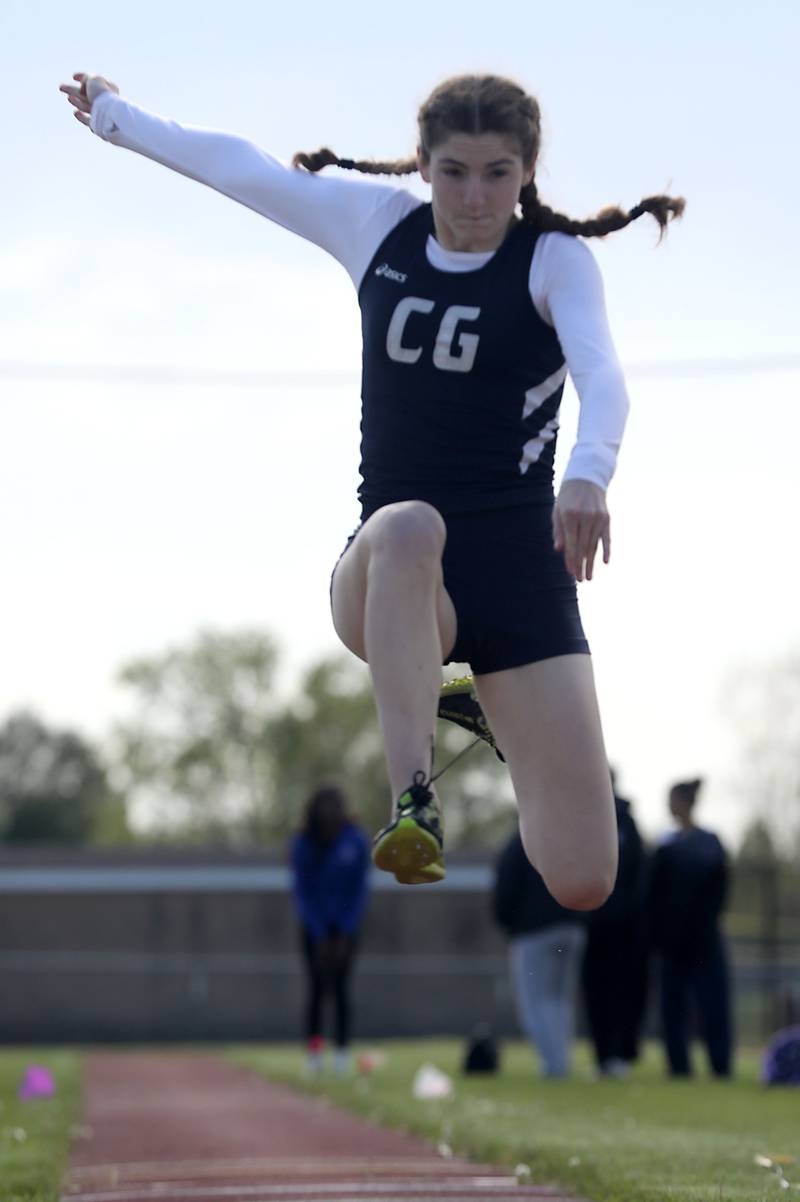 Cary-Grove’s Caelie Mendro competes in the triple jump on Thursday, May 7, 2026, during the Fox Valley Conference Girls Track and Field Meet at Huntley High School.