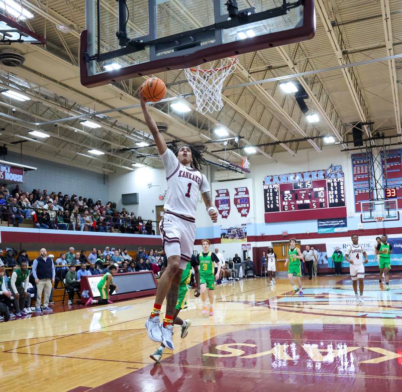 Kankakee's Lincoln Williams approaches for a dunk during the Kays' 83-44 victory over Chicago Ag in the 75th Kankakee Holiday Tournament opening round on Friday, Dec. 26, 2025.