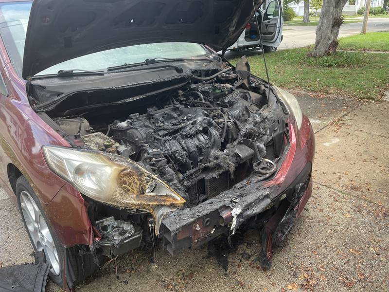 A Mazda5 (shown here) caught fire Oct. 9, 2023 in the 500 block of Franklin Street in DeKalb.