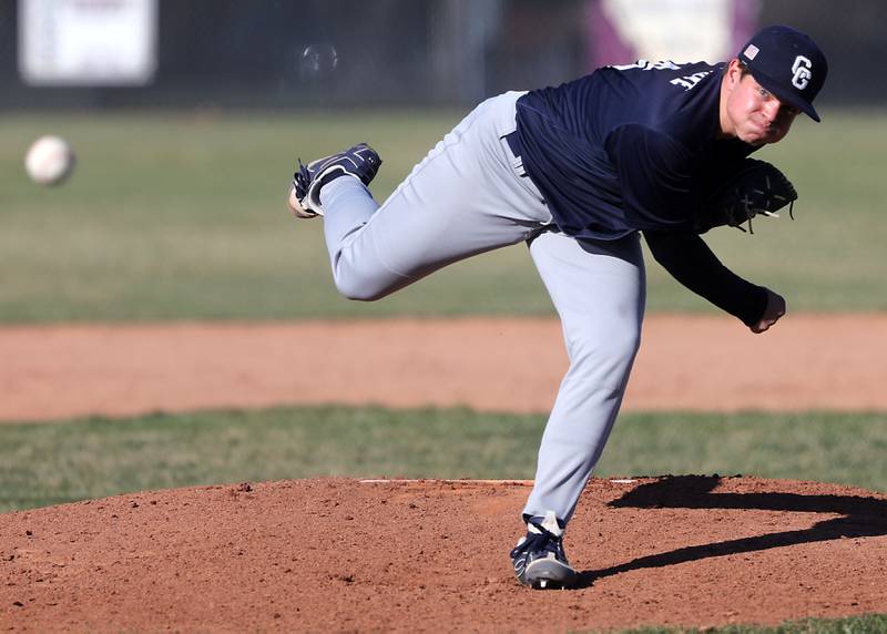 Cary-Grove’s Andrew McGee throws a pitch during a Fox Valley Conference baseball game against Cary-Grove on April 8, 2026, at Prairie Ridge High School.