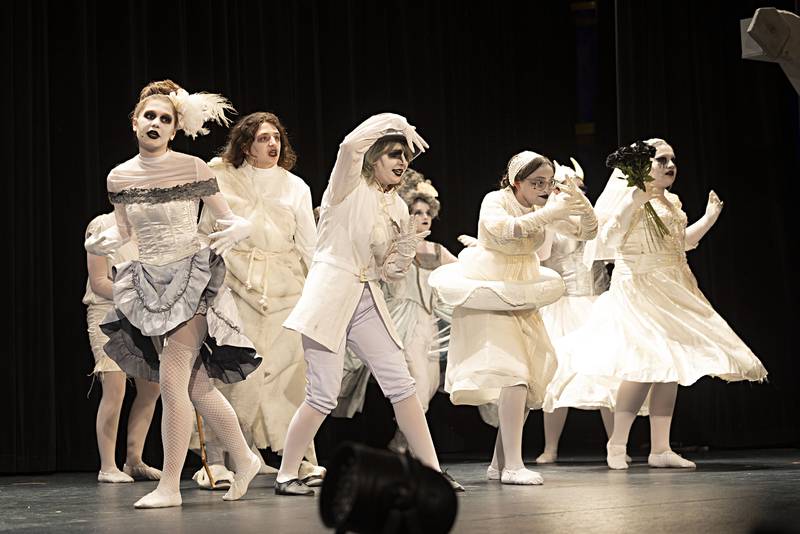 Dixon High School rehearses “Addams Family School Edition Thursday, April 13, 2023 at the James A. Wiltz Auditorium. Show times will be Friday and Saturday at 7pm and Sunday at 2pm.