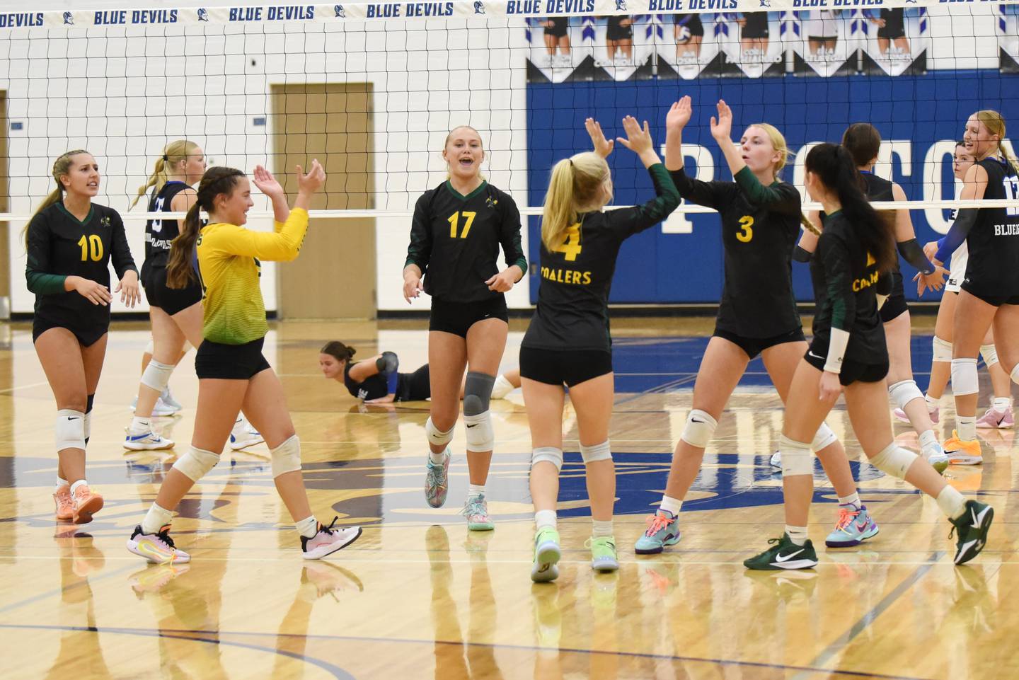 Members of the Coal City girls volleyball team celebrate a point scored during their game at Peotone Thursday, Sept. 18, 2025.