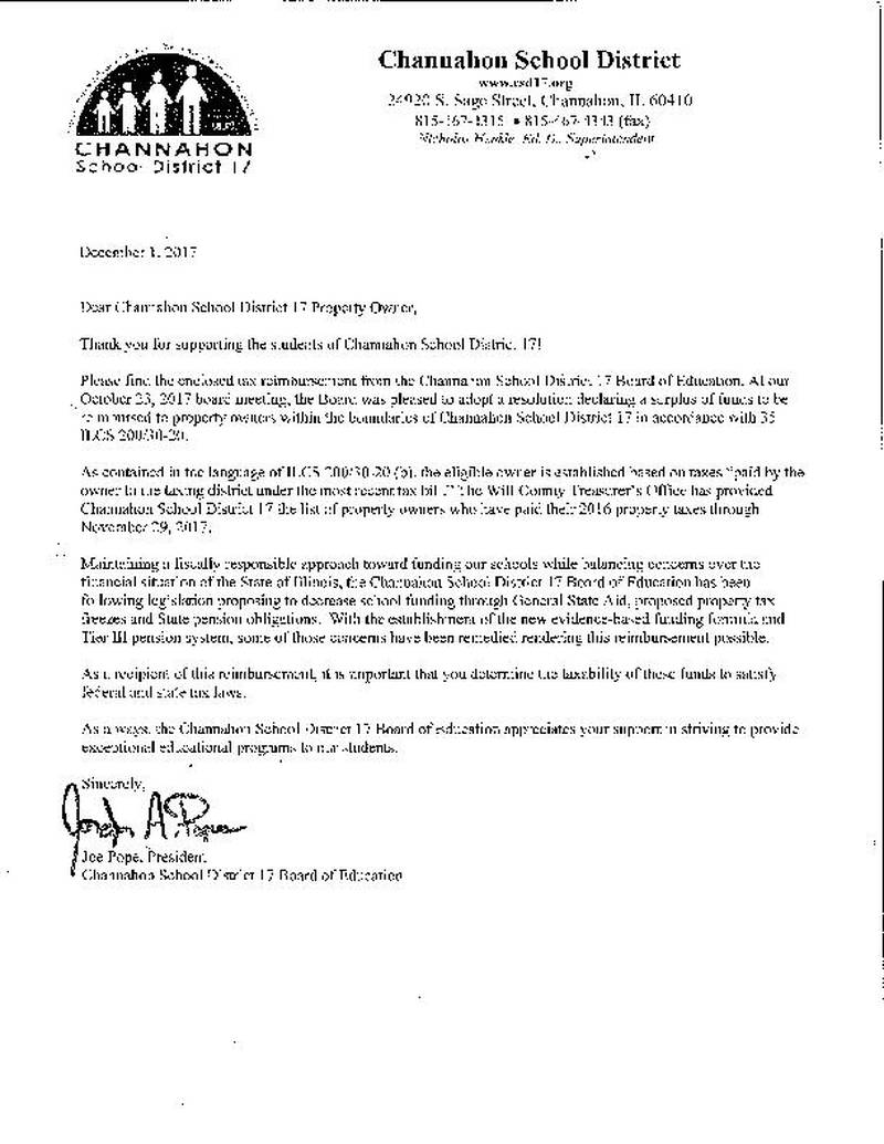 Channahon District 17 residents received tax reimbursement Shaw Local