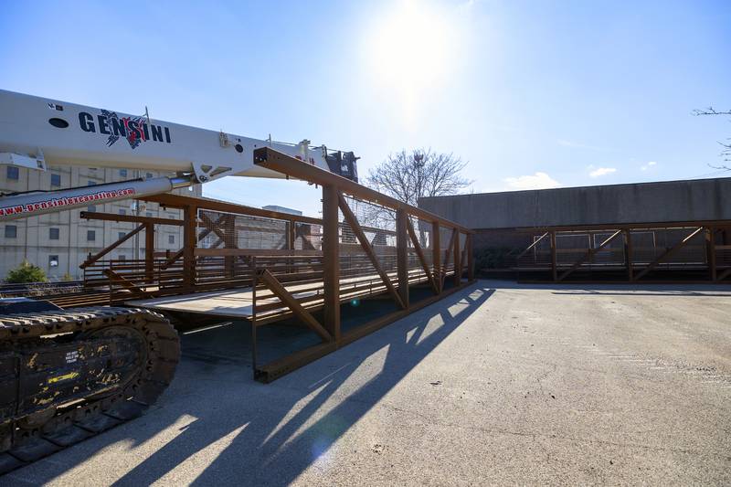 Pedestrian bridge spans sit in a parking area in Sterling Monday, April 6, 2026.