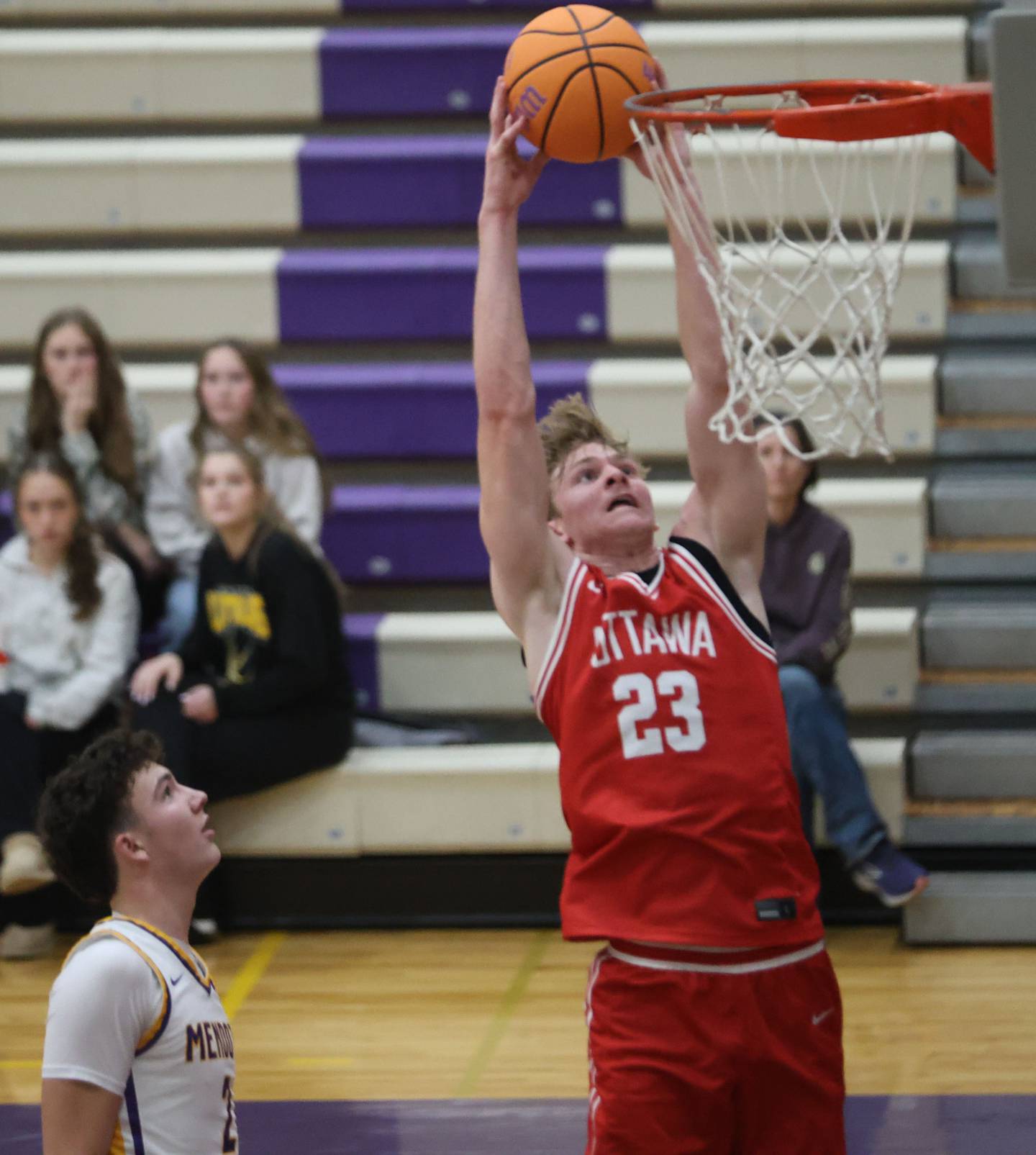 Ottawa's Owen Sanders places the ball on top of the rim against Mendota on Tuesday, Jan. 6, 2026 at Mendota High School.