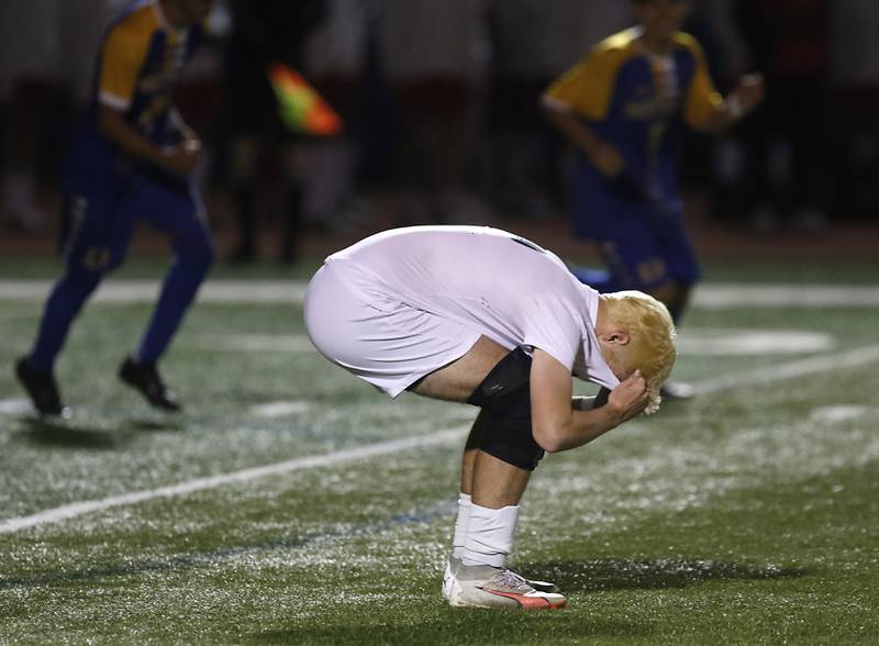 Prairie Ridge's Samuel Kirk reacts to their 1-0 loss to Chicago De La Salle in an IHSA Class 2A state semifinal soccer match on Friday, Nov. 8, 2024, at Hoffman Estates High School.