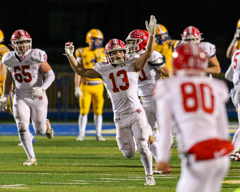 Naperville celebrates the win over Lyons in their Class 8A quarterfinal football on Friday, Nov 15, 2024  in Western Springs.