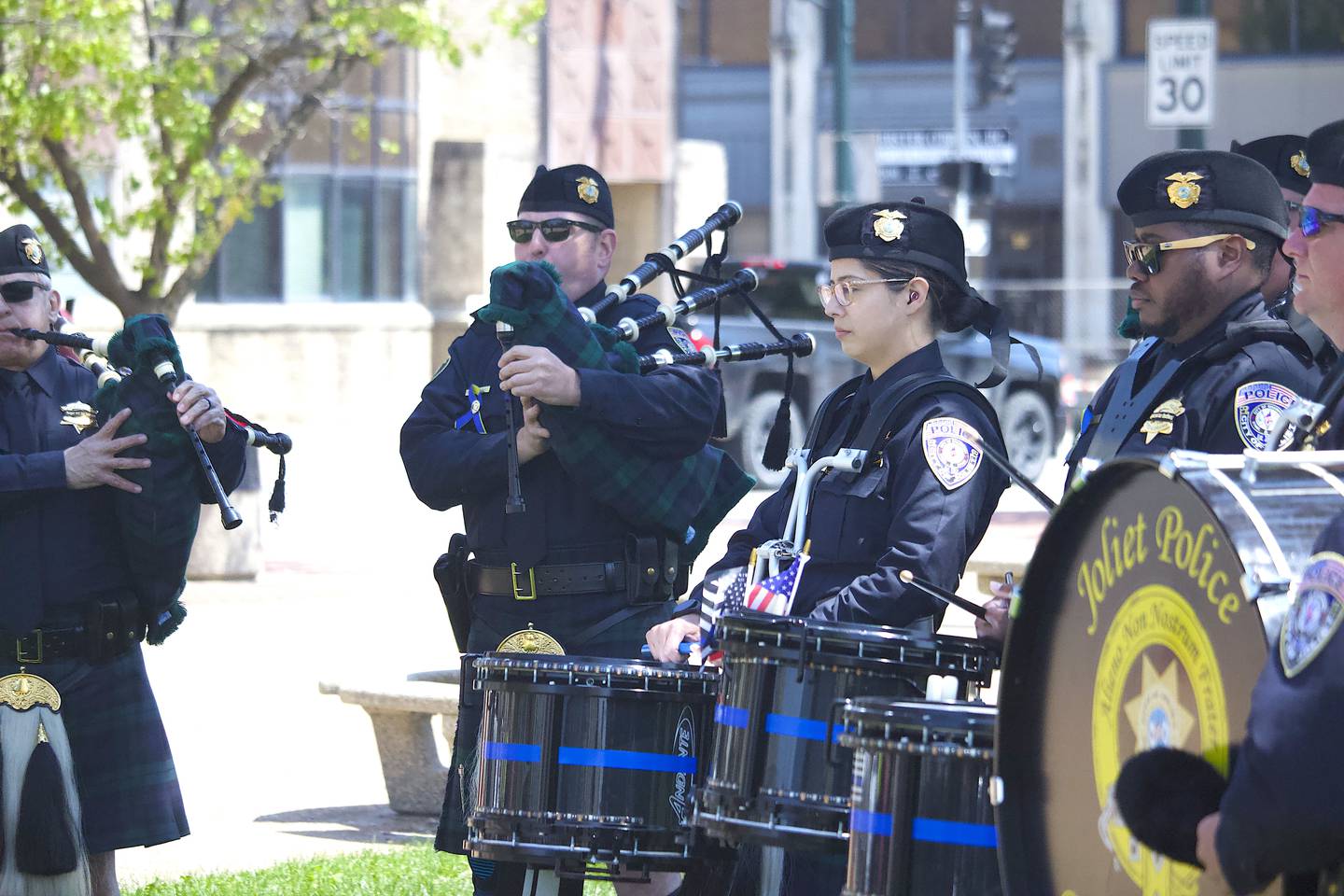 Members of the Joliet Police Pipes and Drums playing music at the 44th Annual Will County Law Enforcement Memorial Day ceremony on Thursday, May 8, 2025, the Will County Law Enforcement Memorial, 14 W. Jefferson St., Joliet.