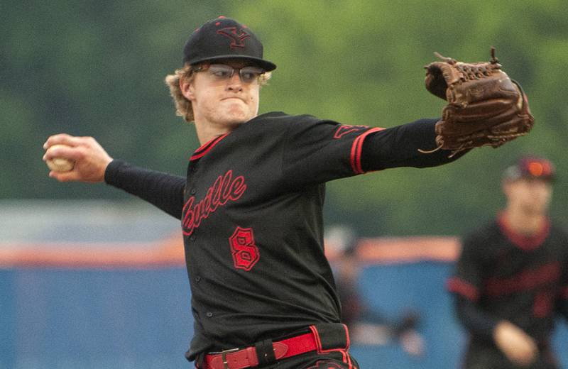Yorkville pitcher Michael Hilker (8) fires a throw to a Oswego batter during a varsity boys baseball game on Wednesday, May 18, 2022 at Oswego High School.