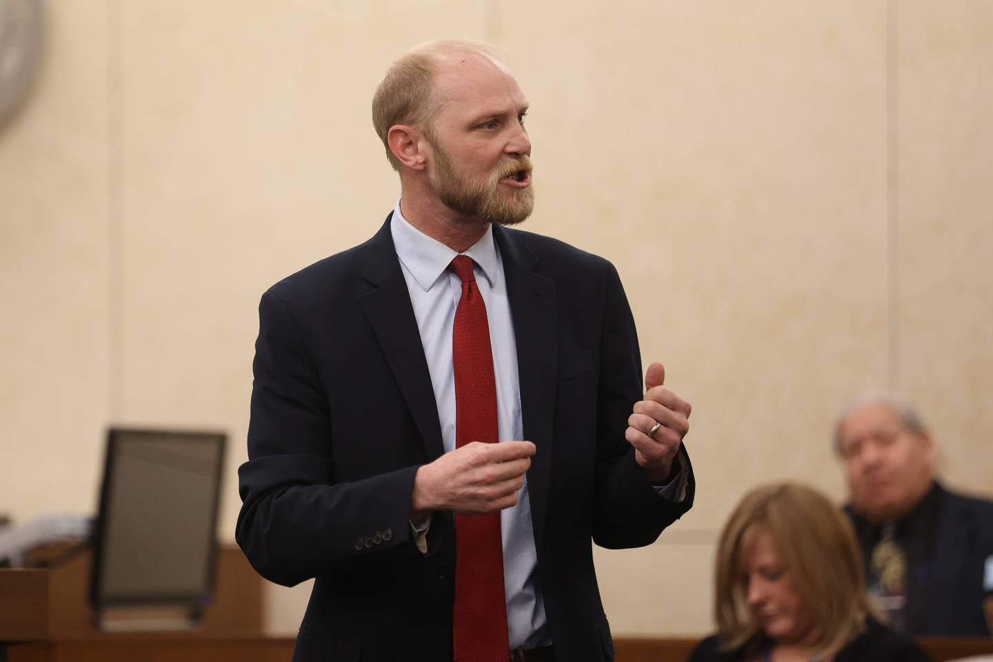 Prosecutor Adam Capelli makes closing arguments on Monday in the case against Sean Woulfe at the Will County Courthouse. Sean Woulfe, 29, is charge with reckless homicide of Lindsey Schmidt, 29, and her three sons, Owen, 6, Weston, 4, and Kaleb, 1. Monday, Mar. 28, 2022, in Joliet.