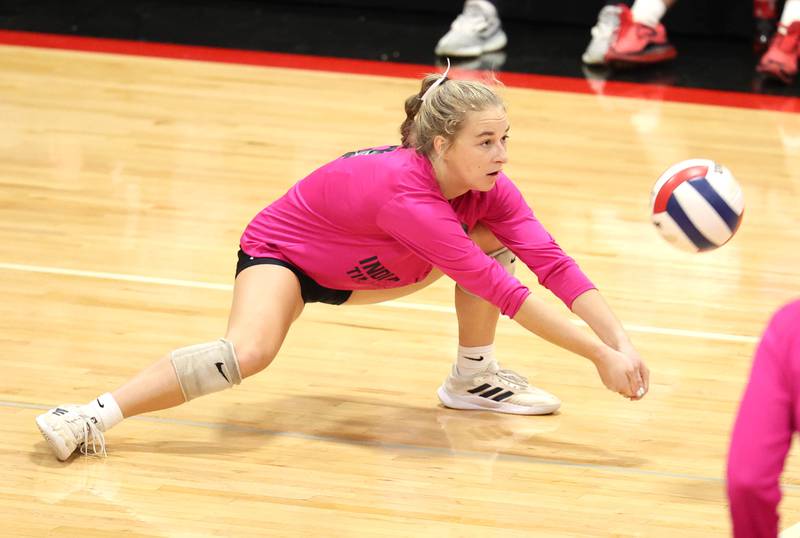 Indian Creek's Molly Feitlich lunges for the ball during their match against DePue Thursday night at Indian Creek High School in Shabbona.