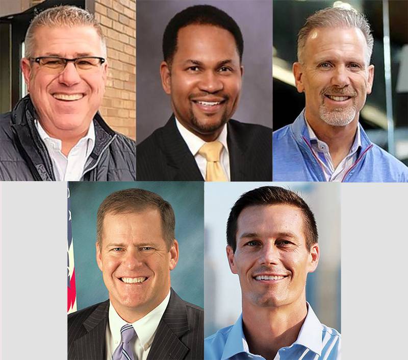 2022 Republican candidates for Illinois governor: top from left, Darren Bailey, Richard Irvin, Gary Rabine; and bottom from left, Paul Schimpf, Jesse Sullivan.