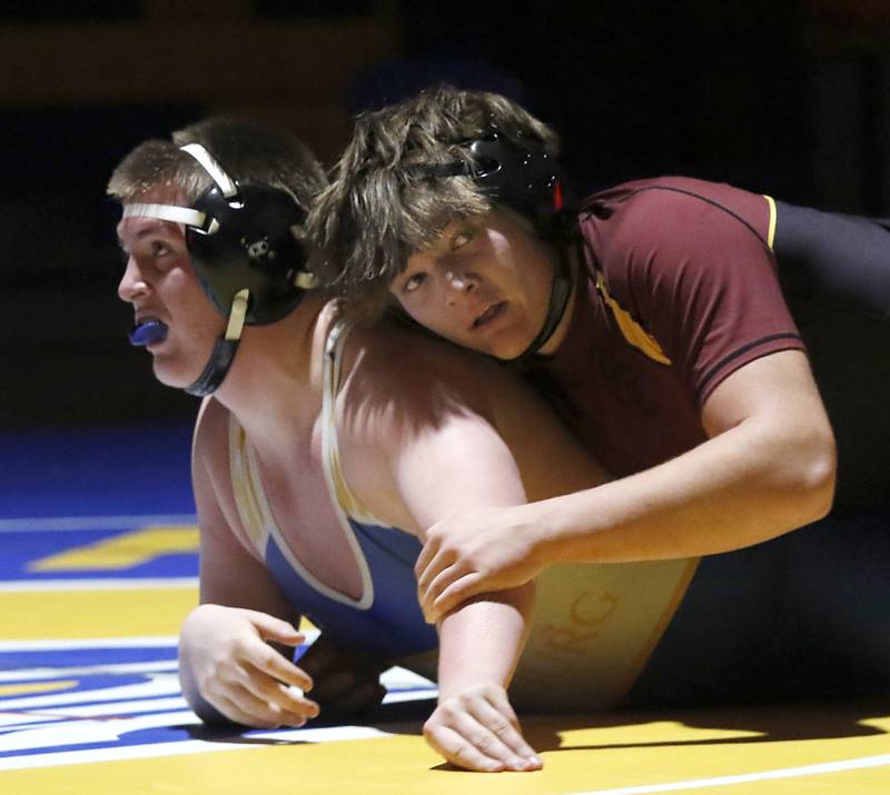 Richmond-Burton’s Shane Falasca controls Johnsburg’s Aiden Bowley in the 215-pound match of a Kishwaukee River Conference wrestling meet on Thursday, Jan. 30, 2025, at Johnsburg High School.