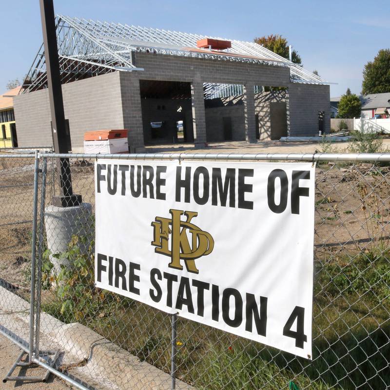 The front of the new DeKalb fire station, including the vehicle bays, Wednesday, Sept. 18, 2024, at 1130 South Malta Road in DeKalb. Construction on the station, the fourth for the DeKalb Fire Department, is ongoing.