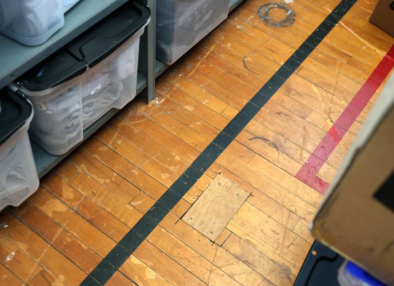 The original gym floor is still visible Tuesday, June 18, 2025, in parts of the former Central School in Sycamore. The nearly century old building currently houses the district offices but will soon be for sale. The district is hosting an open house at the building Saturday, June 21.