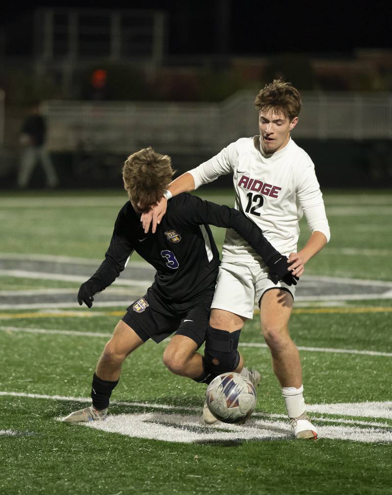 Wauconda's Aiden Werner, left, battles for the ball with Prairie Ridge's Kirk Samuel during the Class 2A Boys Soccer Sectional final on Friday, November 1, 2024 at Grayslake Central High School. Ryan Rayburn for Shaw Local