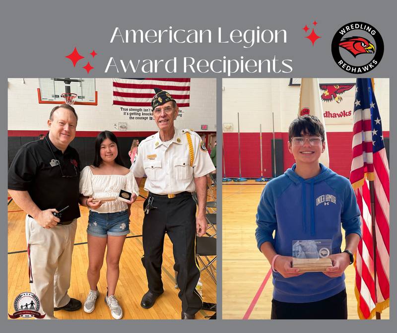 Left to right Tim Loversky, principal of Wredling Middle School , recipient Ella Joy Won, American Legion Post 342 member Robert Altergott, and recipient Alex Spizziri.