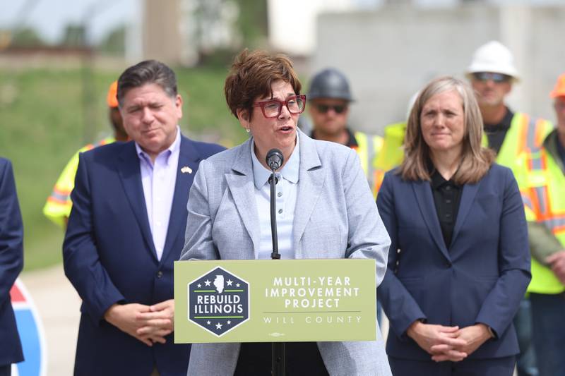 Will County Executive Jennifer Bertino-Tarrant speaks at the construction kickoff for the new Interstate 80 Des Plaines River bridges on Friday, May 20, 2026 in Joliet.