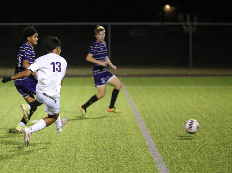 Mendota's Sebastian Carlos kicks the ball in the goal to score against Peoria Christian during the Class 1A Sectional game on Wednesday, Oct. 30, 2024 at Chillicothe High School.