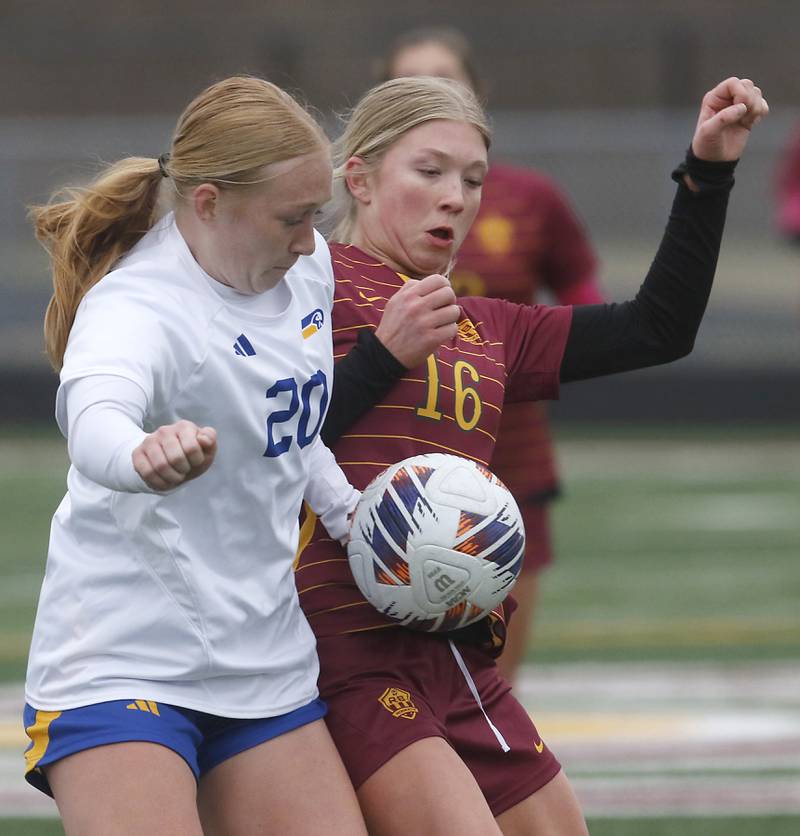 Johnsburg's Kayla Hiller battles with Richmond-Burton's Elle Barrettsmith for control of the ball during a Kishwaukee River Conference soccer game on Tuesday, April 1, 2025, at Richmond-Burton High School.