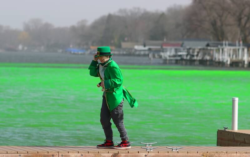 Charlotte Koehler, 11, of Barrington battles the wind as she strolls along the recently-dyed Fox River as part of the ShamROCKS the Fox Fest in McHenry on Saturday, March 15, 2025.