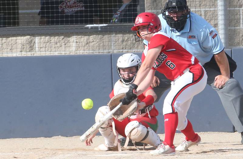 Streator's Alexcia Middelton makes contact with the ball against L-P during the Class 3A Regional semifinal game on Tuesday, May 27, 2025 at Pontiac High School.