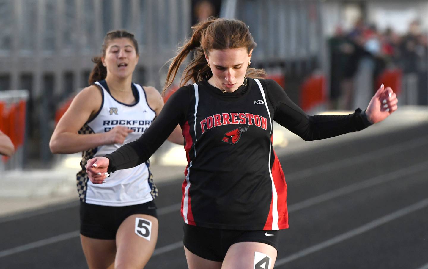 Forreston-Polo's Bree Schneiderman crosses the finlsh line first in the 100 meters at the 1A Winnebago Sectional on Wednesday, May 13, 2026.