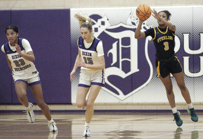 Sterling's Delali Amankwa throws the ball downcourt. Dixon and Sterling girls basketball teams played in the 3rd place game of the Dixon Girls KSB Holiday Basketball Classic Saturday, Dec. 28, 2024.