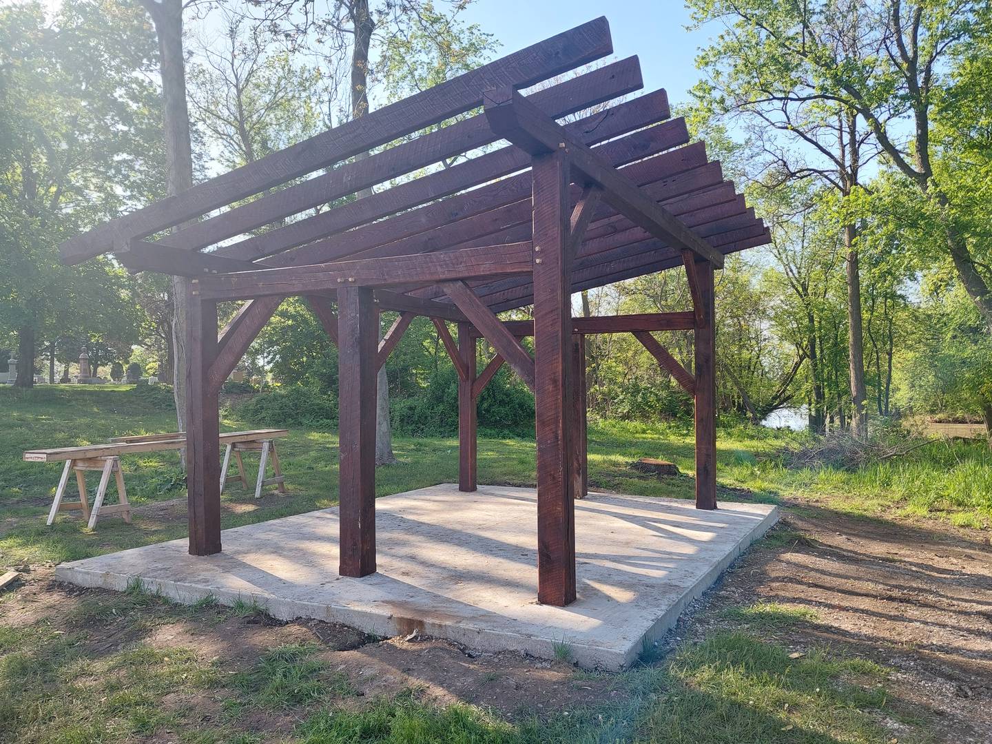 A roof will be added to the shelter constructed by the Streator High School woodworking class at the Hopalong Cassidy Canoe Launch in Streator.