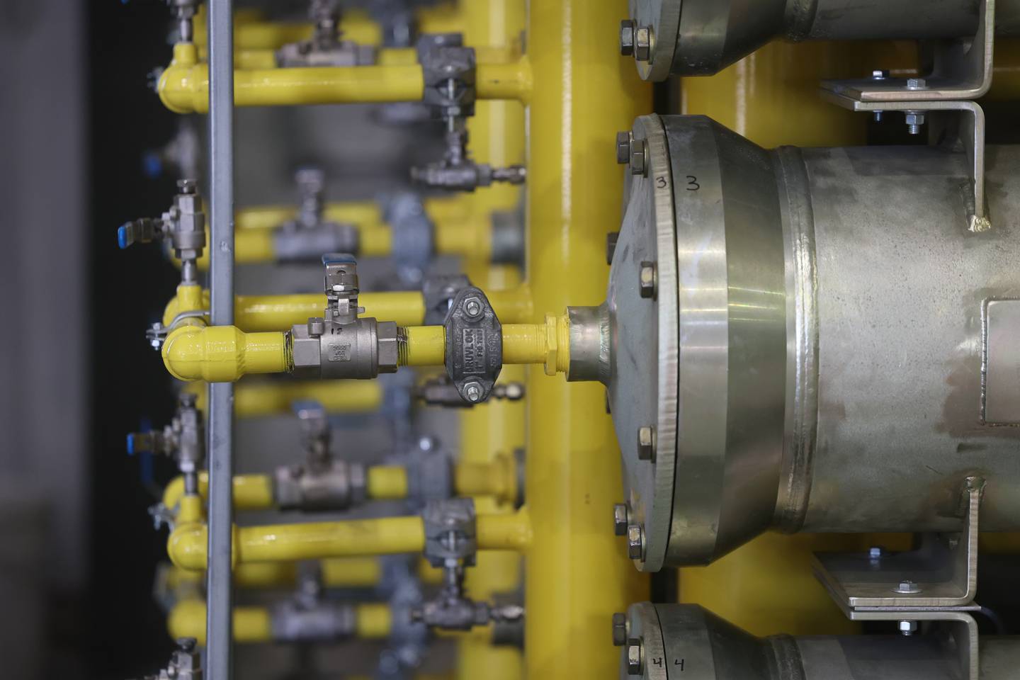 Equipment at the new Renewable Natural Gas Plant, in Wilmington, removes the carbon dioxide from the gas piped in from the Prairie View Landfill.